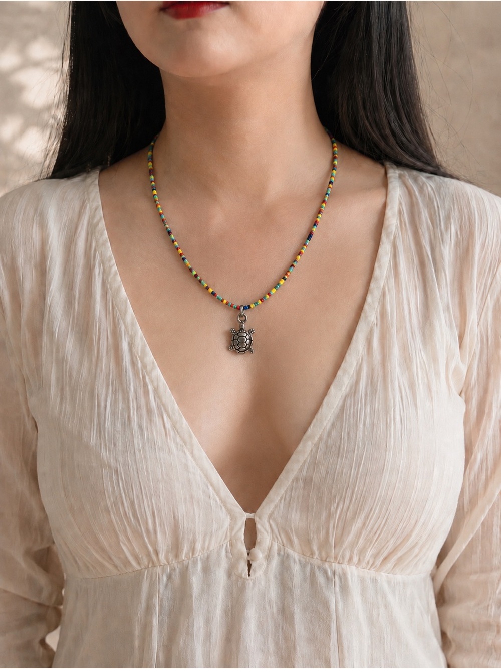 Multicolor Beaded Necklace with Turtle Charm - Women's Jewelry